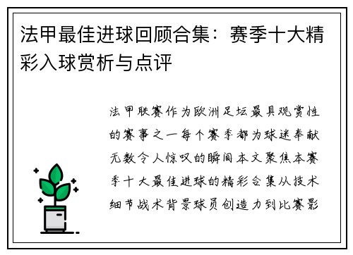 法甲最佳进球回顾合集：赛季十大精彩入球赏析与点评